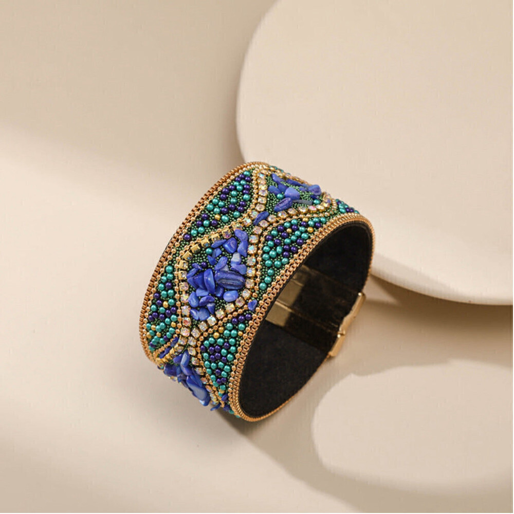 Bohemian Beaded Magnetic Buckle Leather Bracelet In Blue Green